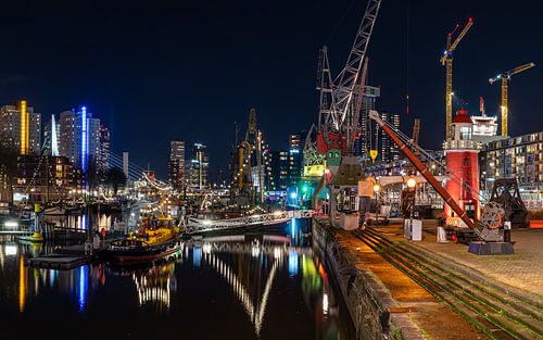 Verlichte havenkranen in het Maritiem District van Rotterdam