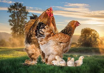 Famille de poulets avec poussins sur Bert Hooijer