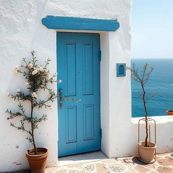 Une porte bleue avec la mer en arrière-plan en Grèce. par J.a Dijkstra