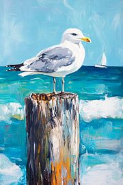 Mouette sur un poteau au bord de la mer sur Poster Art Shop