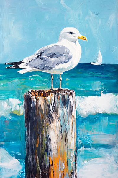 Möwe auf dem Pfahl am Meer von Poster Art Shop