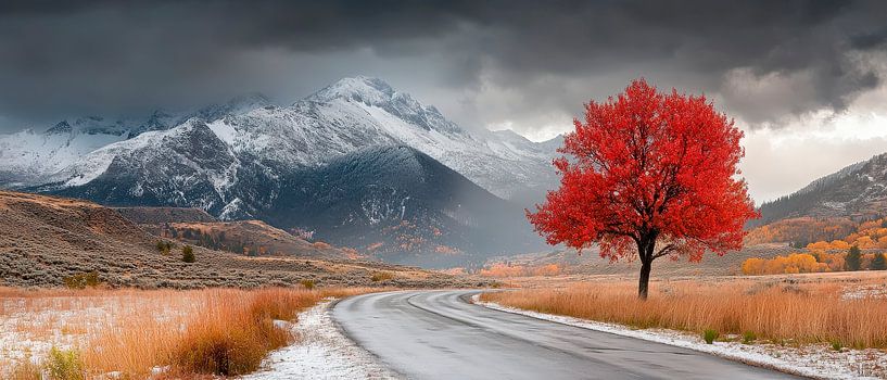 Lone red tree in the landscape by Poster Art Shop