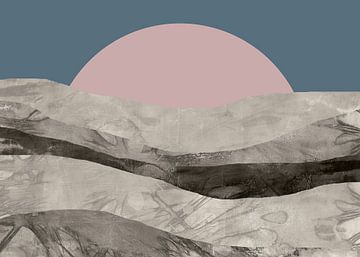 Zen kunst. Abstract landschap in Japanse stijl in roze, blauw, grijs. van Dina Dankers