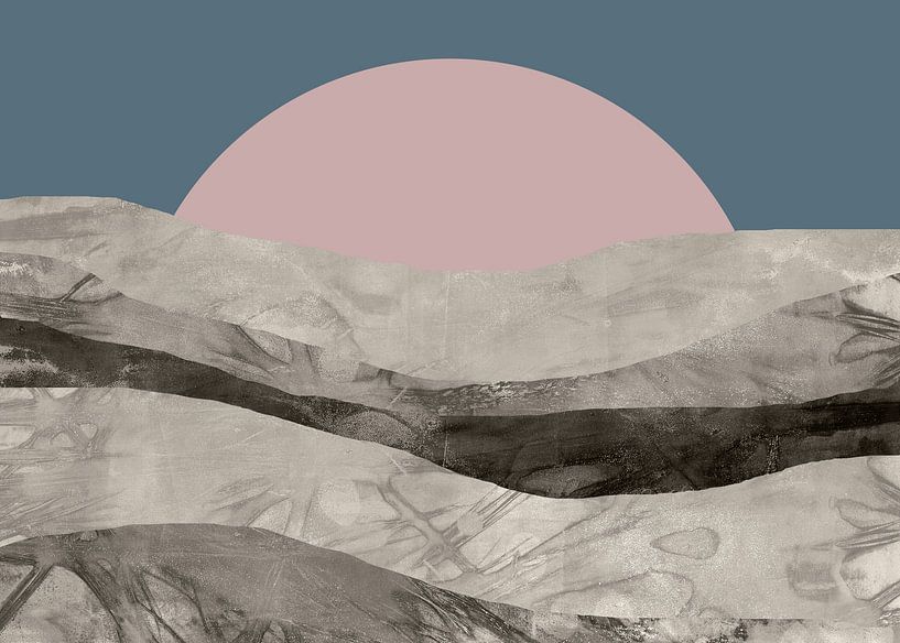 Zen-Kunst. Abstrakte Landschaft im japanischen Stil in rosa, blau, grau. von Dina Dankers