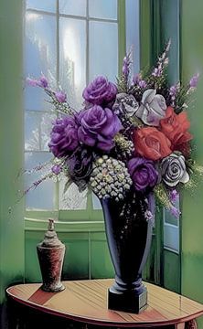 Paarse bloemen voor het groene raam van Niek Traas