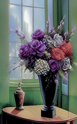 Paarse bloemen voor het groene raam