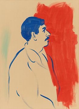 Modern portret: blauw profiel tegen rode achtergrond