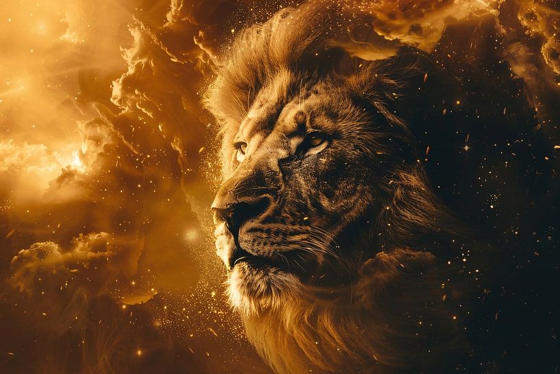 Golden lion surrounded by fiery glow by Art & Soul Creations