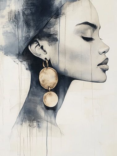 Modern en abstract portret in blauw met een gouden accent