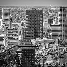 Skyline Leuvehaven Rotterdam (zwart-wit) van Mark De Rooij
