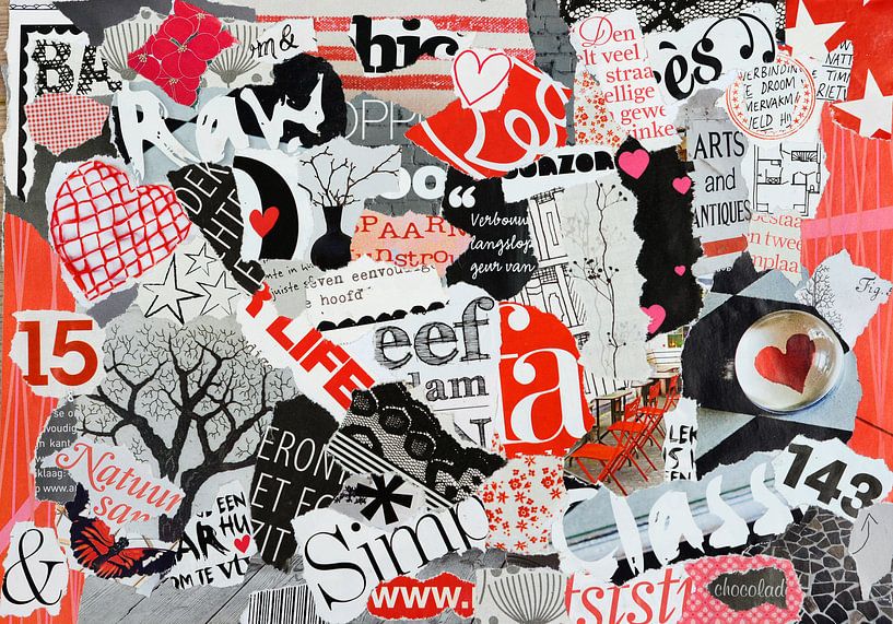 Moderne collage van oud papier in rood wit zwart van Trinet Uzun