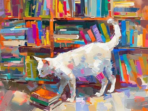 White cat in the library - reading