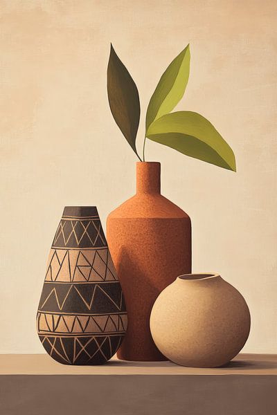 Creative vases with green leaves - minimalism by Poster Art Shop