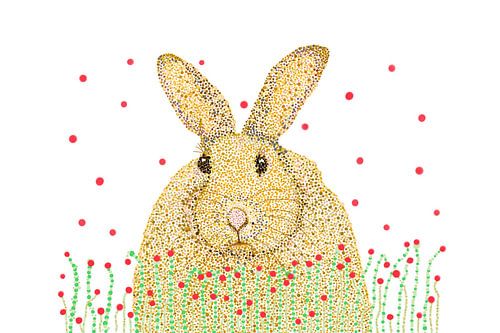 Pointillisme kunstwerk KONIJN TUSSEN GRAS EN BLOEMEN. In de kleuren bruin, beige, groen en rood