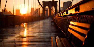 Goldener Sonnenaufgang auf der Brooklyn Bridge von Vlindertuin-Art