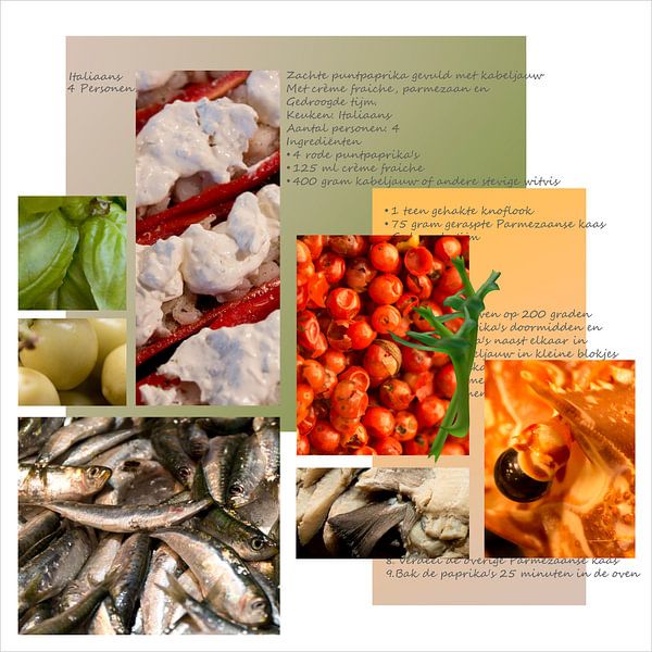 Collage pour le mur de la cuisine, le carré, la nourriture, les recettes et les ingrédients. Collage par Marianne van der Zee