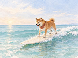 Ein Shiba Inu surft auf einer Sommerwelle von Hitomi Art
