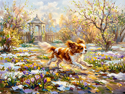 Cavalier-spaniël in een bloeiende lentetuin