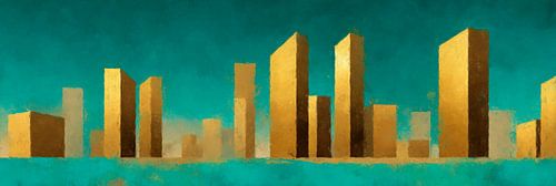 Geometrische stad in goud en turquoise