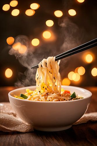 Noodles stomen in sfeervol licht