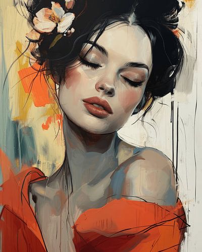 Modern en abstract portret van een jonge vrouw met een bloem in het haar
