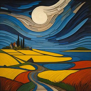 Paysage en jaune, rouge et bleu