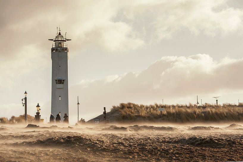 Storm at the Noordwijk lighthouse by Dick van Duijn