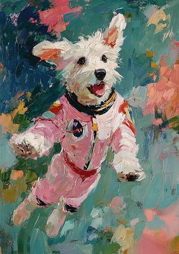 Witte hond in roze racepak