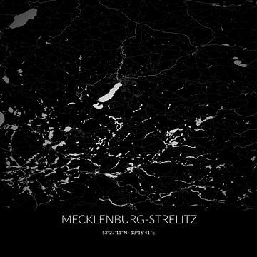 Carte en noir et blanc de Mecklenburg-Strelitz, Mecklenburg-Vorpommern, Allemagne. sur Rezona