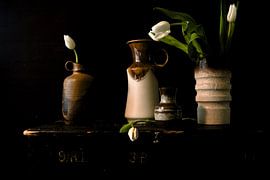 Picture of a still life with 70's vases with tulips. by Therese Brals