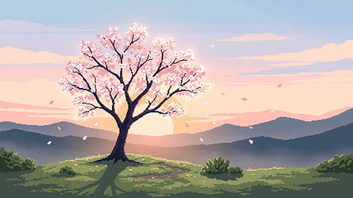 Pixel-Art-Kirschbaum bei einem friedlichen Sonnenuntergang
