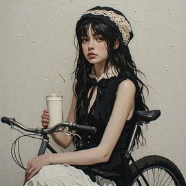 Ein Porträt eines jungen Mädchens auf einem Fatbike mit einem Milchshake. . von J.a Dijkstra