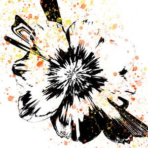 Fleur noire et blanche avec des éclaboussures de peinture, abstraite