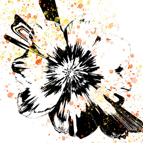 Zwart-witte bloem met verfspatten, abstract