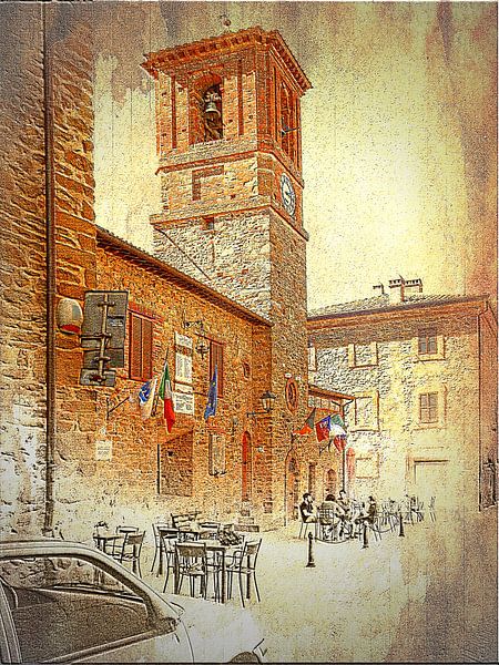 Place centrale et bâtiment du Comune avec le clocher Paciano par Dorothy Berry-Lound