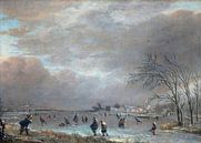 Winterlandschap met schaatsers op een bevroren rivier, Aert van der Neer van Meesterlijcke Meesters thumbnail