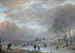 Winterlandschap met schaatsers op een bevroren rivier, Aert van der Neer