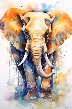 abstract kleurig aquarel van een olifant. van Gelissen Artworks