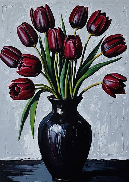 Tulipe Reine de la Nuit dans un vase noir par MIROKKU