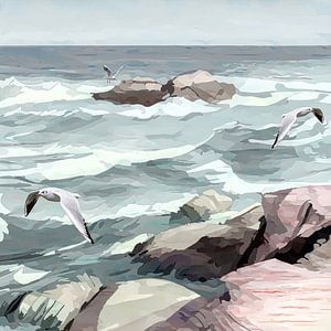 Seascape with rocks, waves and flying seagulls by Anna Marie de Klerk