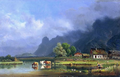 De Kochelsee met de huizen van Schlehdorf, HEINRICH BÜRKEL, rond 1863-1867