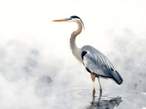 A grey heron in the morning mist