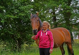 Trakehner Feldmeyer mit Besitzerin  auf der Weide