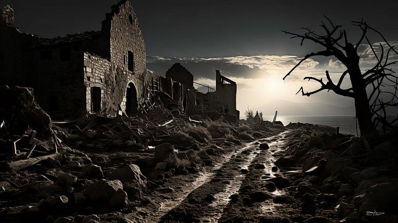vieux bâtiment en noir et blanc avec une lumière dramatique par Gelissen Artworks