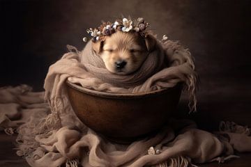 Newborn puppy in a bowl by Ellen Van Loon