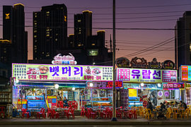 Seafood restaurants in neon light on the Korean coast by Jeroen Kleiberg