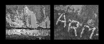 Diptychon von zwei Rostfotos aus einem Hafen. Auf der linken Seite ein Rohr mit verwitterter, rostiger Struktur und auf der rechten Seite die Buchstaben ARM, die eine Hafenstadt darstellen. von Alice Berkien-van Mil
