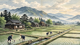 Friedliche japanische Reisfelder im Bergnebel von my pixel art