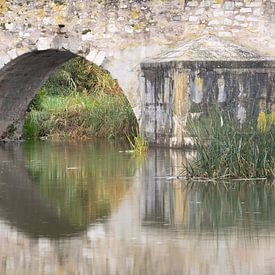 Een stenen brug weerspiegeld in het water van Ulrike Leone