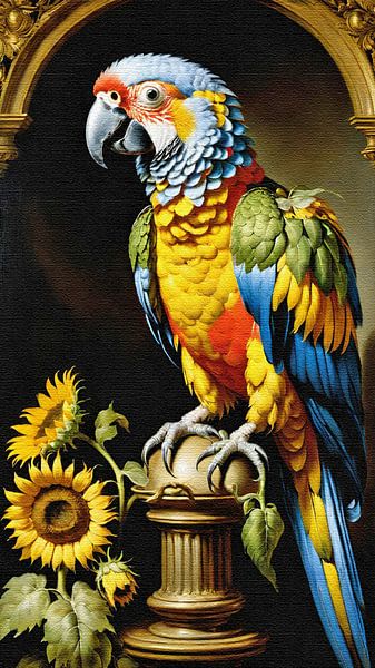 Portrait of a parrot with sunflower by Maud De Vries